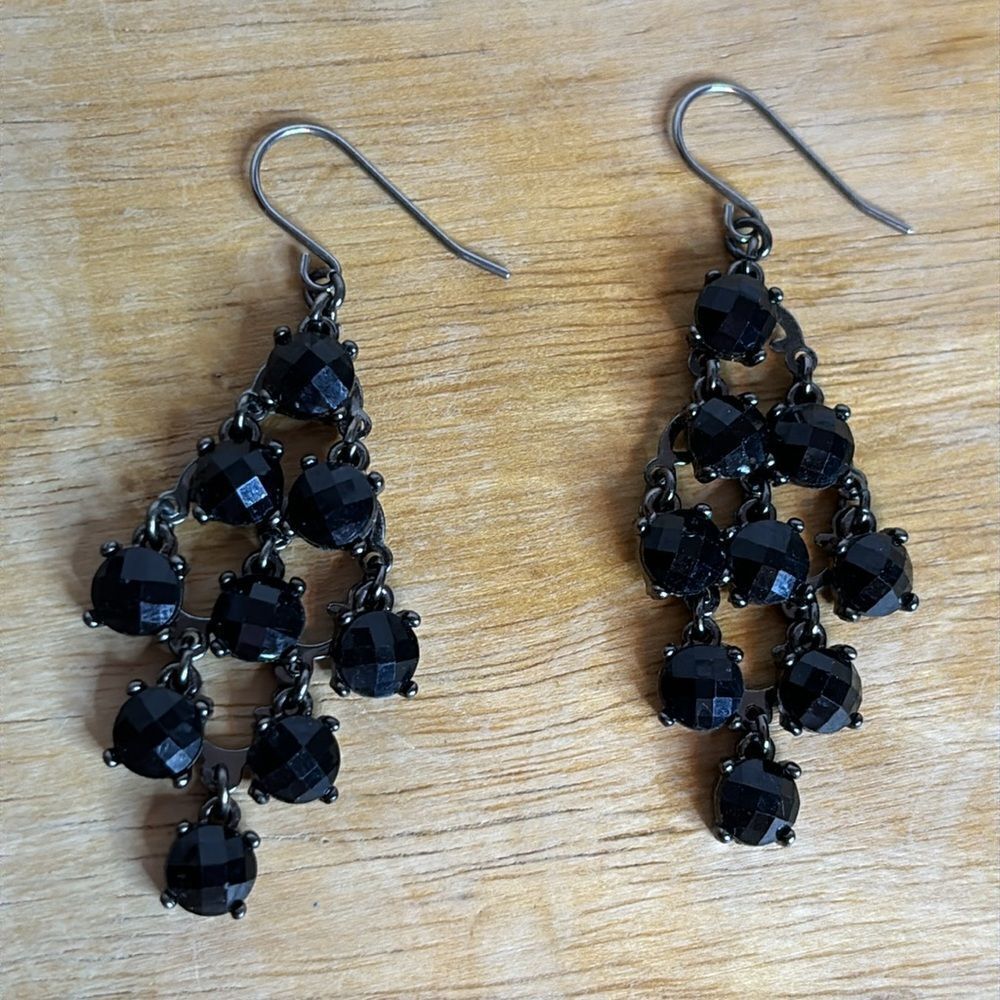 Pair of black glass crystal chandelier dangle statement earrings 2”